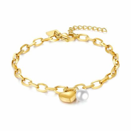 Bracelets | Bracelet en Acier Poli Couleur Or, Maillons Ovales, Coeur, 1 Perle Blanc – Femmes Bijoux Blanc