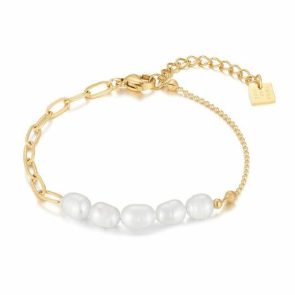 Bracelets | Bracelet en Acier Poli Couleur Or, Maillons Ovales, Perles D’Eau Douce, Petites Boules Blanc – Femmes Bijoux Blanc