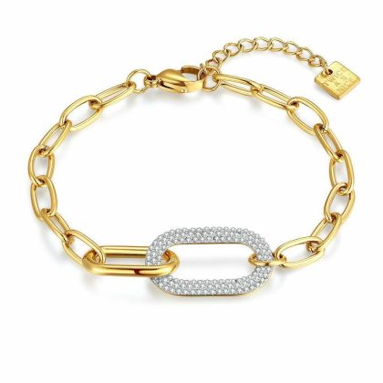 Bracelets | Bracelet en Acier Poli Couleur Or, Ovale Ouvert, Cristaux Blanc – Femmes Bijoux Blanc