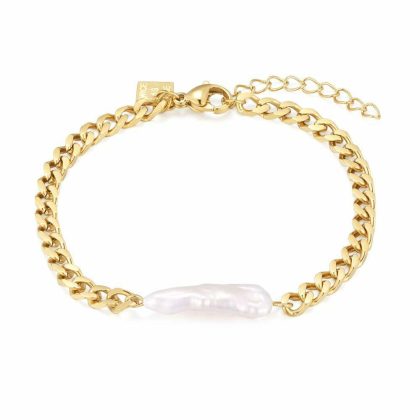 Bracelets | Bracelet en Acier Poli Couleur Or, Perle Ovale Blanc – Femmes Bijoux Blanc