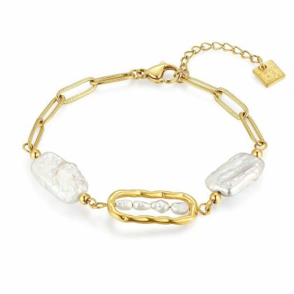 Bracelets | Bracelet en Acier Poli Couleur Or, Perles Blanc – Femmes Bijoux Blanc