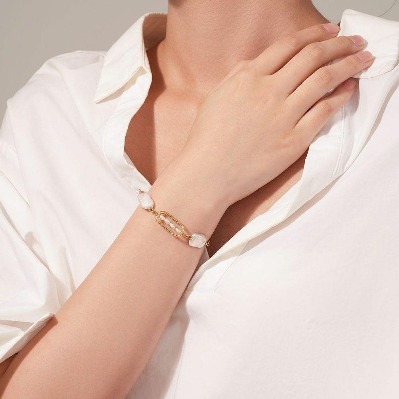 Bracelets | Bracelet en Acier Poli Couleur Or, Perles Blanc – Femmes Bijoux Blanc