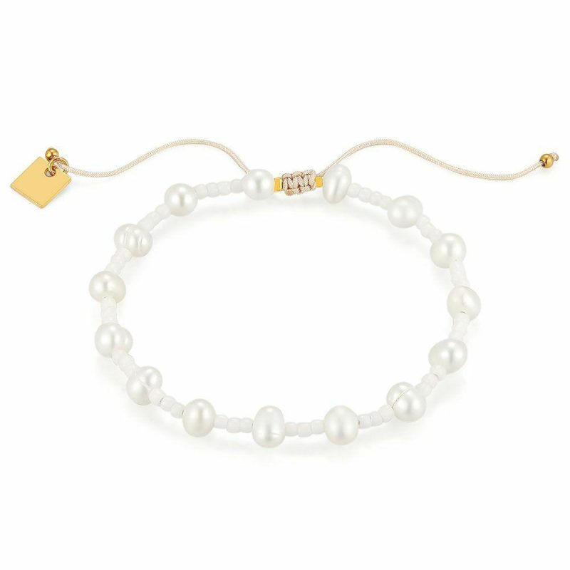 Bracelets | Bracelet en Acier Poli Couleur Or, Perles Blanches Blanc – Femmes Bijoux Blanc