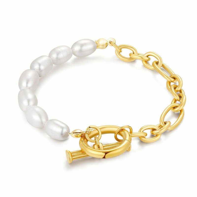 Bracelets | Bracelet en Acier Poli Couleur Or, Perles D’Eau Douce, Maillons Blanc – Femmes Bijoux Blanc