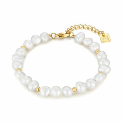 Bracelets | Bracelet en Acier Poli Couleur Or, Perles D’Eau Douce, Taille Ajustable. Blanc – Femmes Bijoux Blanc