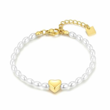 Bracelets | Bracelet en Acier Poli Couleur Or, Perles et Coeur Blanc – Femmes Bijoux Blanc