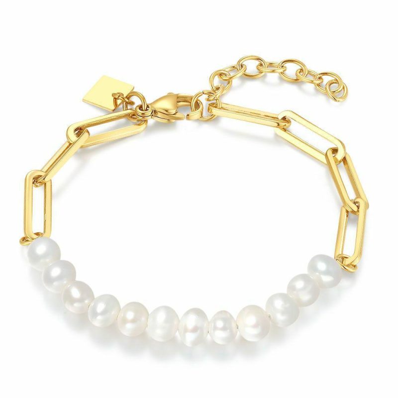 Bracelets | Bracelet en Acier Poli Couleur Or, Perles et Maillons Ovales Blanc – Femmes Bijoux Blanc