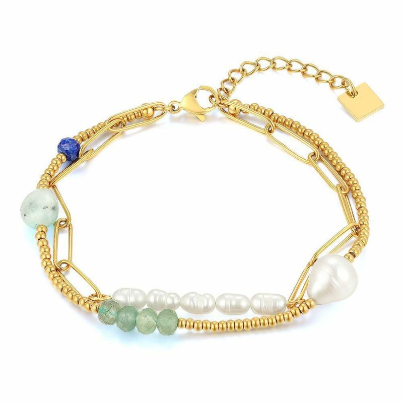 Bracelets | Bracelet en Acier Poli Couleur Or, Perles et Pierres Vertes Multi – Femmes Bijoux Bracelets