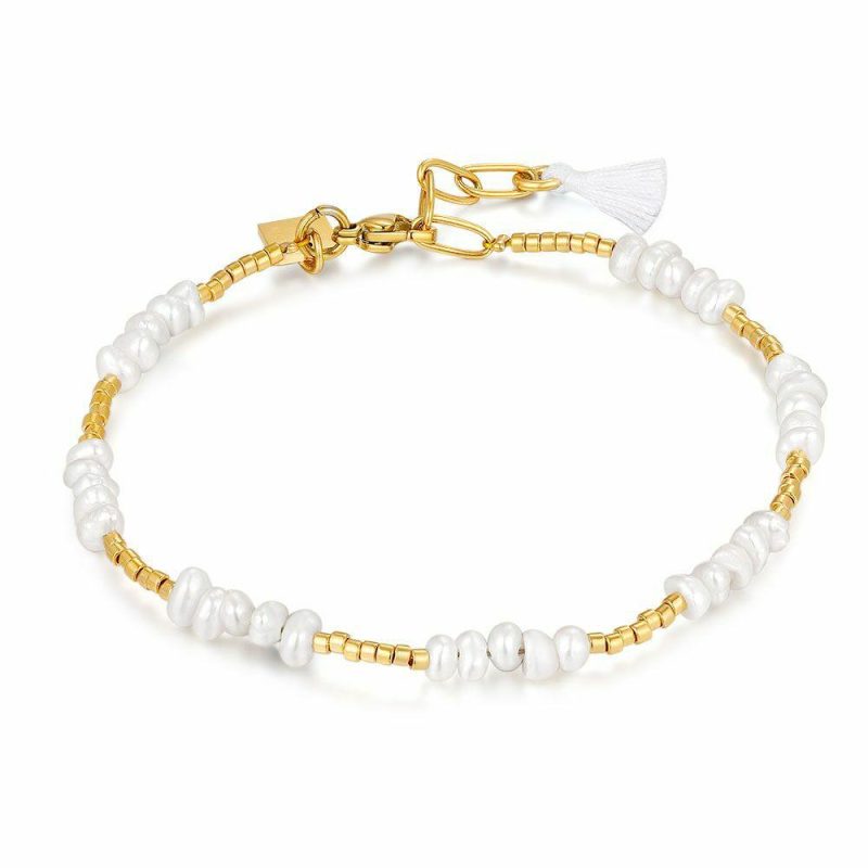 Bracelets | Bracelet en Acier Poli Couleur Or, Perles, Floche Blanche Blanc – Femmes Bijoux Blanc