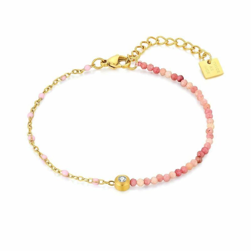 Bracelets | Bracelet en Acier Poli Couleur Or, Petites Boules en Émail Rose, Perles Roses, 1 Cristal Rose – Femmes Bijoux Bracelets