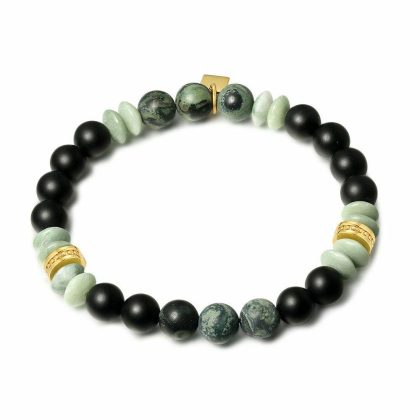 Bracelets | Bracelet en Acier Poli Couleur Or, Pierres Noires et Vertes Multi – Hommes Bijoux Bracelets