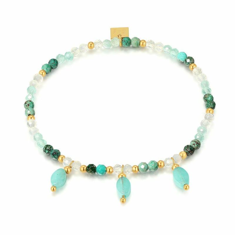 Bracelets | Bracelet en Acier Poli Couleur Or, Pierres Semi-Précieuses Aqua Turquoise – Femmes Bijoux Bracelets