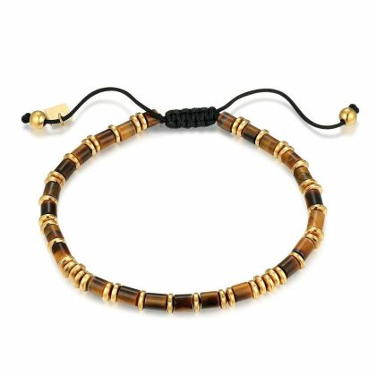 Bracelets | Bracelet en Acier Poli Couleur Or, Pierres Semi-Précieuses Brun – Hommes Bijoux Bracelets