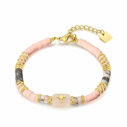 Bracelets | Bracelet en Acier Poli Couleur Or, Pierres Semi-Précieuses Roses Rose – Femmes Bijoux Bracelets