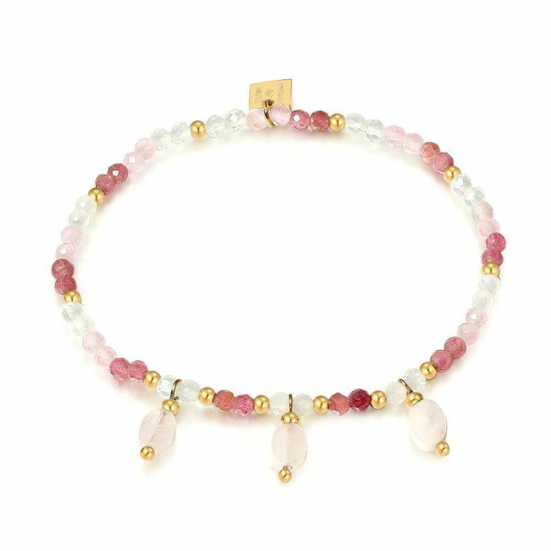 Bracelets | Bracelet en Acier Poli Couleur Or, Pierres Semi-Précieuses Roses Rose – Femmes Bijoux Bracelets