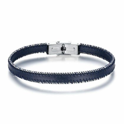 Bracelets | Bracelet en Acier Poli, Cuir Bleu Foncé Bleu foncé – Hommes Bijoux Bleu foncé