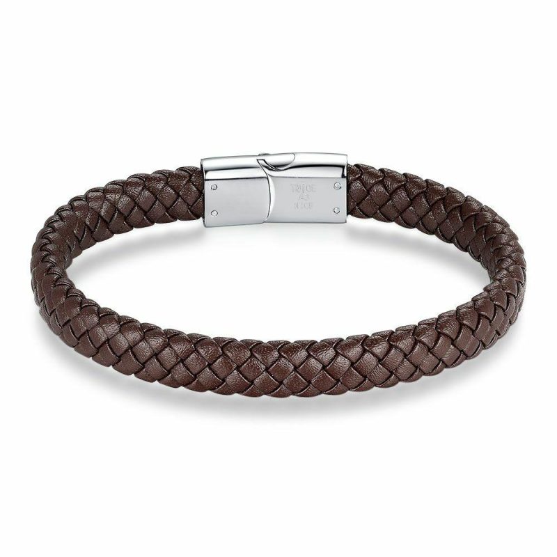 Bracelets | Bracelet en Acier Poli, Cuir Brun Brun – Hommes Bijoux Bracelets