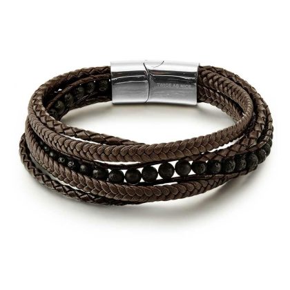 Bracelets | Bracelet en Acier Poli, Cuir et Pierre Naturelle de Lave Noir et brun – Hommes Bijoux Bracelets