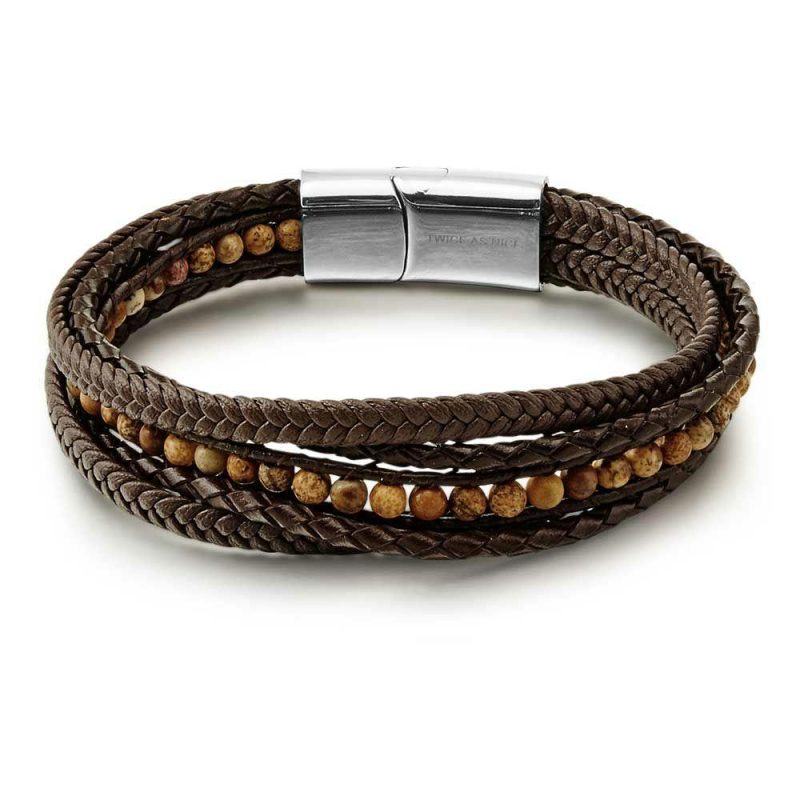 Bracelets | Bracelet en Acier Poli, Cuir et Pierre Naturelle Oeil de Tigre Brun – Hommes Bijoux Bracelets