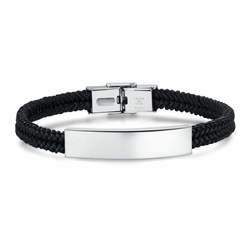 Bracelets | Bracelet en Acier Poli, Cuir Noir, Corde Tressée, Plaque Noir – Hommes Bijoux Bracelets