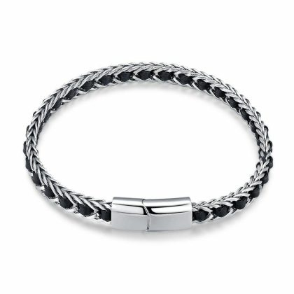 Bracelets | Bracelet en Acier Poli, Cuir Noir et Acier Noir – Hommes Bijoux Bracelets