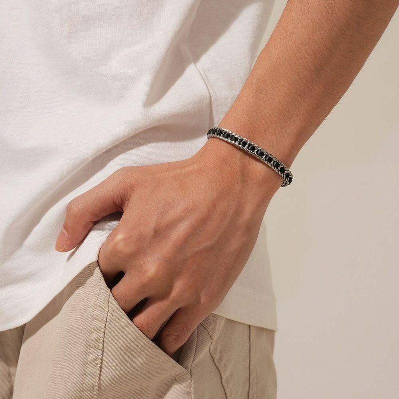 Bracelets | Bracelet en Acier Poli, Cuir Noir et Acier Noir – Hommes Bijoux Bracelets