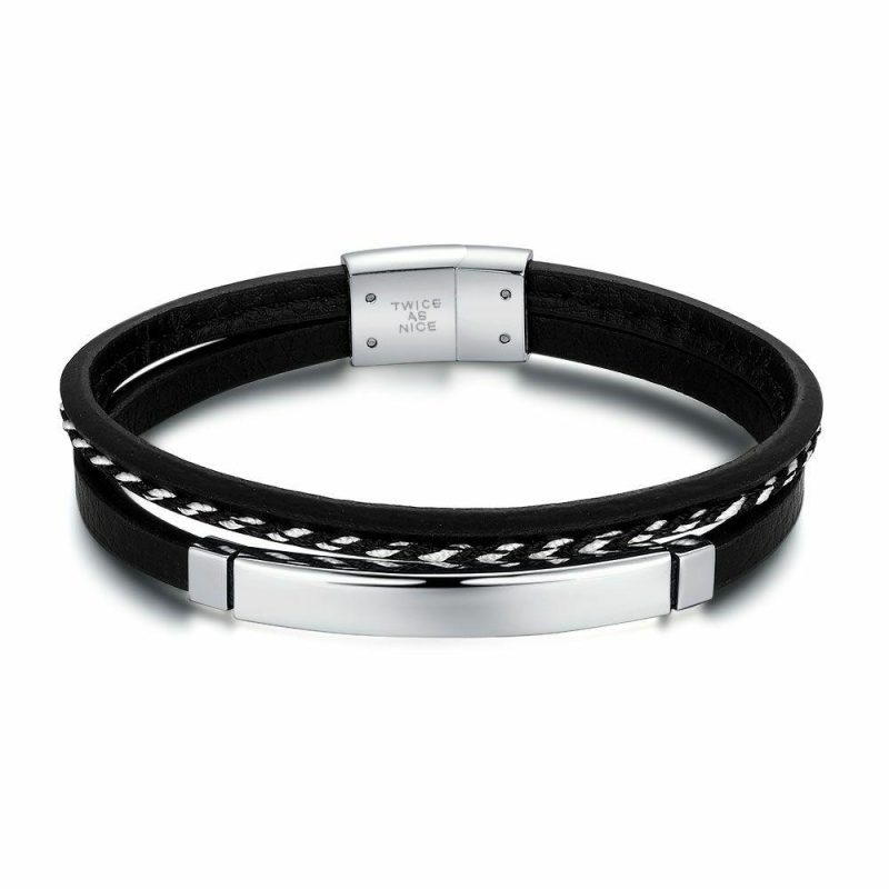 Bracelets | Bracelet en Acier Poli, Cuir Noir et Corde Blanche Noir et blanc – Hommes Bijoux Bracelets