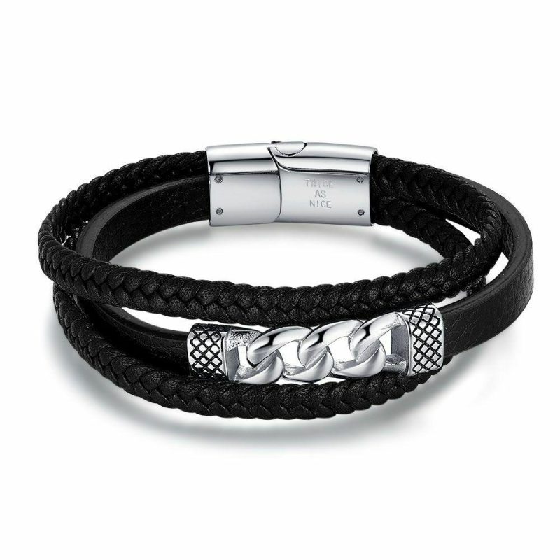 Bracelets | Bracelet en Acier Poli, Cuir Noir et Maille Gourmette Noir – Hommes Bijoux Bracelets