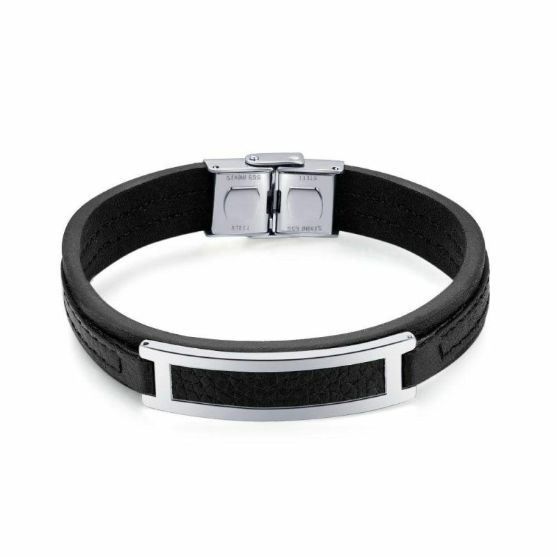 Bracelets | Bracelet en Acier Poli, Cuir Noir, Motif Centrale Noir – Hommes Bijoux Bracelets