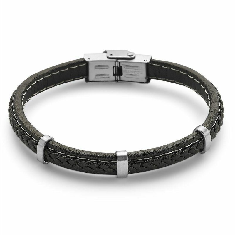 Bracelets | Bracelet en Acier Poli, Cuir Noir Noir – Hommes Bijoux Bracelets