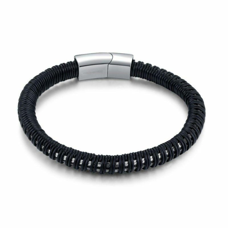 Bracelets | Bracelet en Acier Poli, Cuir Noir Noir – Hommes Bijoux Bracelets