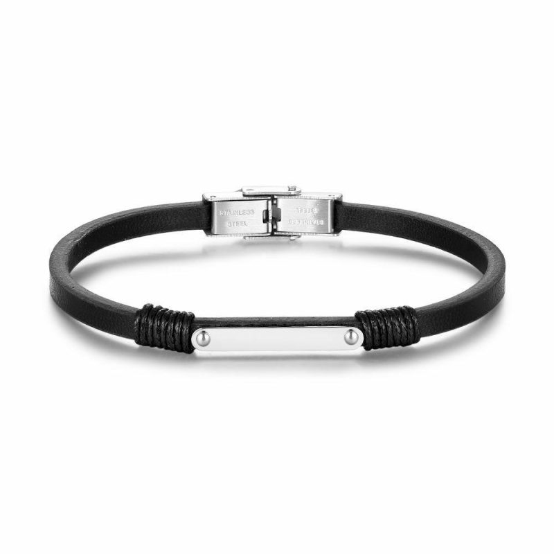 Bracelets | Bracelet en Acier Poli, Cuir Noir, Plaque Noir – Hommes Bijoux Bracelets