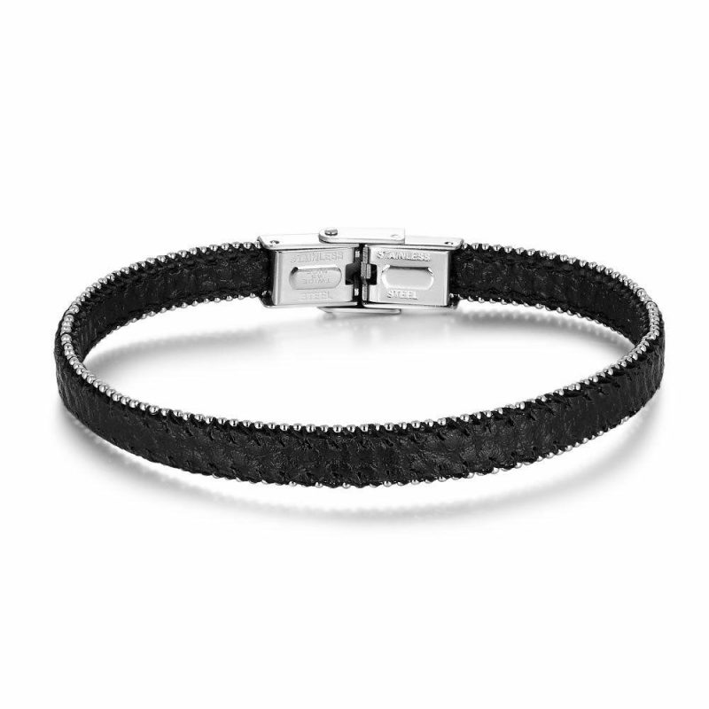 Bracelets | Bracelet en Acier Poli, Cuir Noir, Points Noir – Hommes Bijoux Bracelets