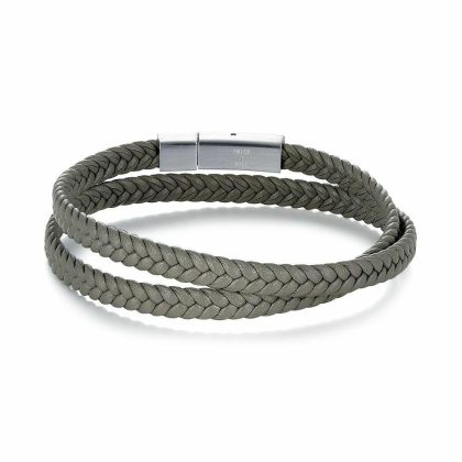 Bracelets | Bracelet en Acier Poli, Cuir Tressé Gris, Double Gris – Hommes Bijoux Bracelets