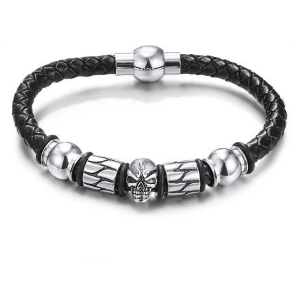 Bracelets | Bracelet en Acier Poli, Cuir Tressé Noir Avec Tête de Mort Noir – Hommes Bijoux Bracelets