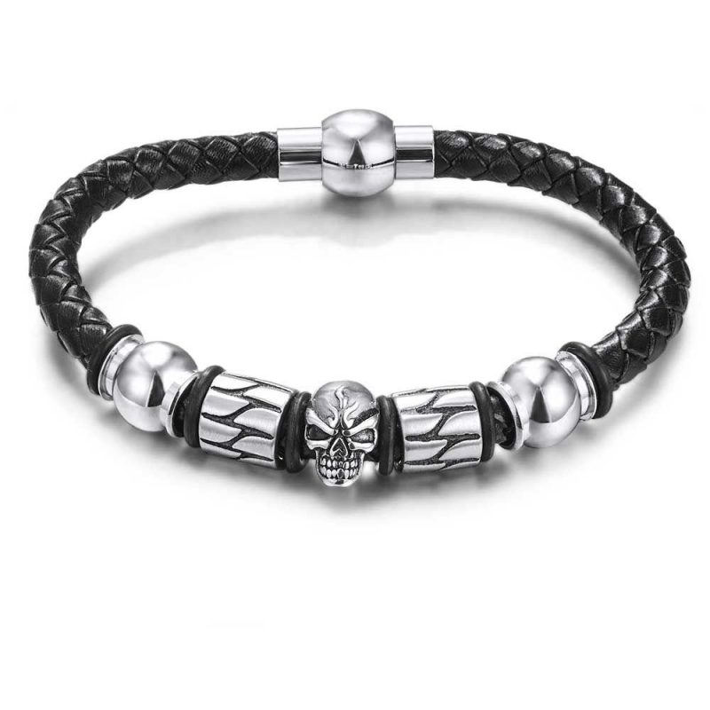 Bracelets | Bracelet en Acier Poli, Cuir Tressé Noir Avec Tête de Mort Noir – Hommes Bijoux Bracelets