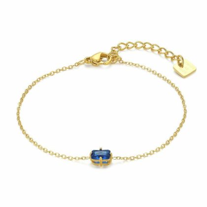 Bracelets | Bracelet en Acier Poli de Couleur Or, 1 Zircone Bleu Rectangulaire Bleu – Femmes Bijoux Bleu