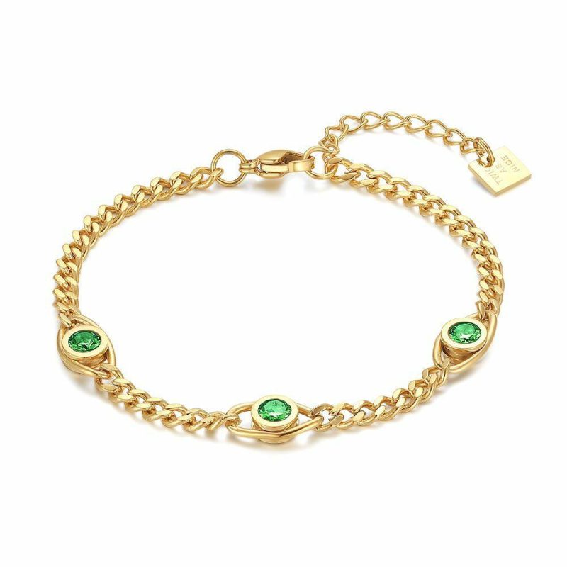 Bracelets | Bracelet en Acier Poli de Couleur Or, Gourmet, 3 Yeux Vert Vert – Femmes Bijoux Bracelets