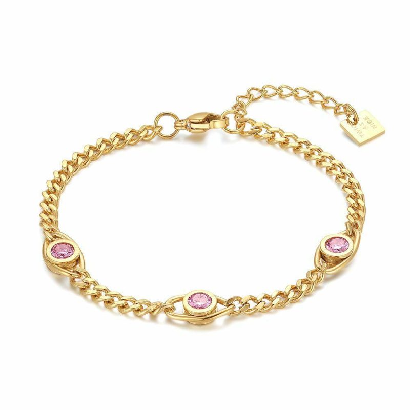 Bracelets | Bracelet en Acier Poli de Couleur Or, Gourmette + 3 Yeux, Zircone Rose Rose – Femmes Bijoux Bracelets