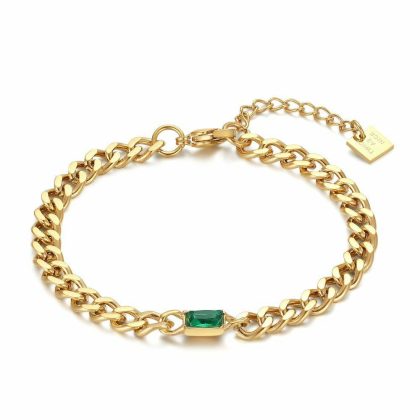 Bracelets | Bracelet en Acier Poli de Couleur Or, Gourmette Avec Zircone Vert Rectangulaire Vert – Femmes Bijoux Bracelets