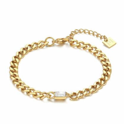 Bracelets | Bracelet en Acier Poli Doré, Gourmette Avec Cristal Blanc Rectangulaire, Doré Blanc – Femmes Bijoux Blanc