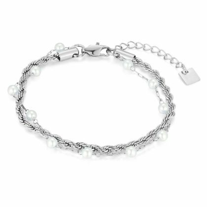 Bracelets | Bracelet en Acier Poli, Double Avec Perles Blanc – Femmes Bijoux Blanc