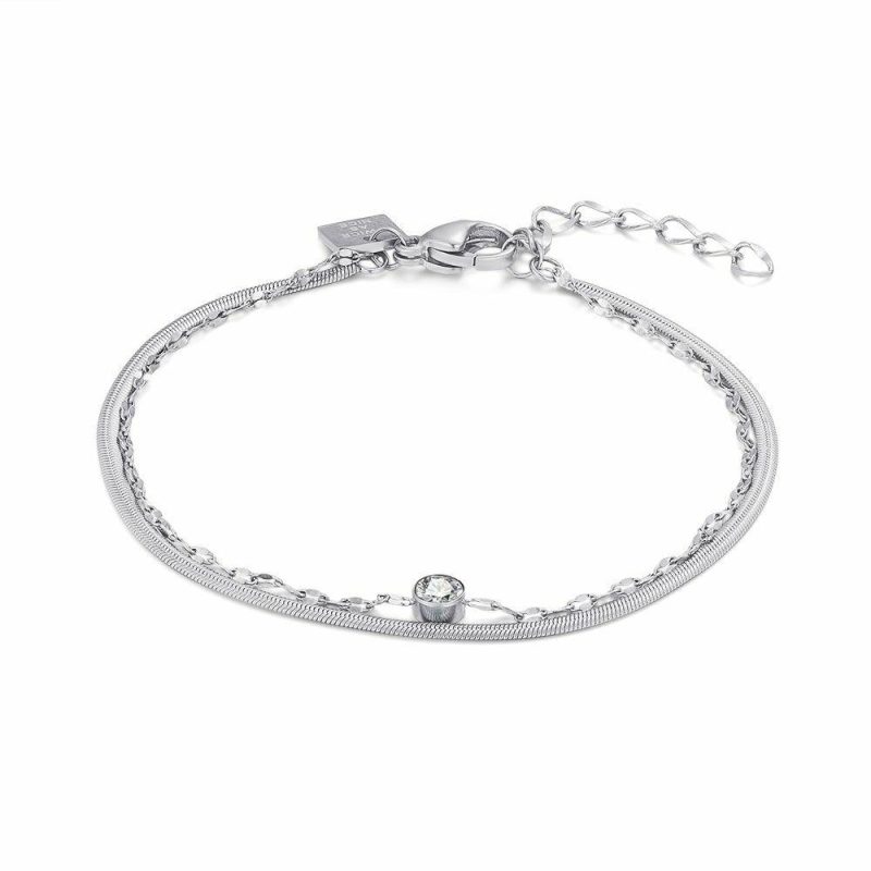 Bracelets | Bracelet en Acier Poli, Double Chaîne, 1 Zircon, 1 Chaîne Maille Serpent Blanc – Femmes Bijoux Blanc