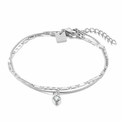 Bracelets | Bracelet en Acier Poli, Double Chaine, 1 Cristal Blanc – Femmes Bijoux Blanc