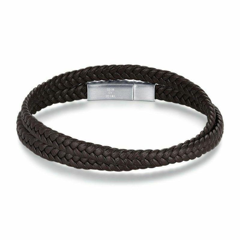 Bracelets | Bracelet en Acier Poli, Double Cuir Brun Brun – Hommes Bijoux Bracelets