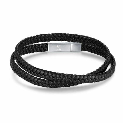 Bracelets | Bracelet en Acier Poli, Double Cuir Noir Noir – Hommes Bijoux Bracelets