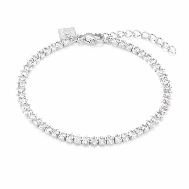 Bracelets | Bracelet en Acier Poli, Ellipses, Pierres Blanc – Femmes Bijoux Blanc