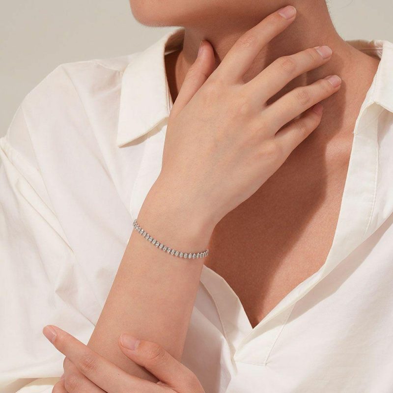 Bracelets | Bracelet en Acier Poli, Ellipses, Pierres Blanc – Femmes Bijoux Blanc