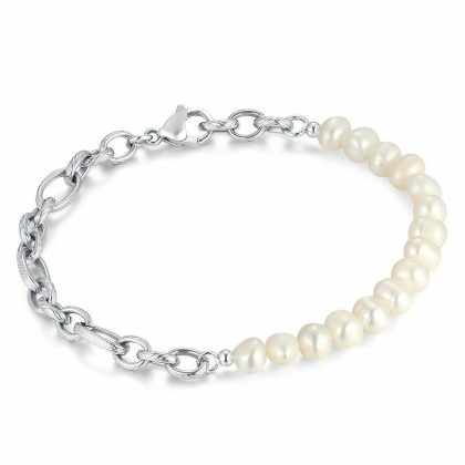 Bracelets | Bracelet en Acier Poli, Maillons Martelés, Perles D’Eau Douce Blanc – Hommes Bijoux Blanc