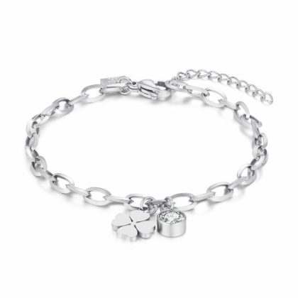 Bracelets | Bracelet en Acier Poli, Maillons Ovales, Trèfle, 1 Cristal Blanc – Femmes Bijoux Blanc